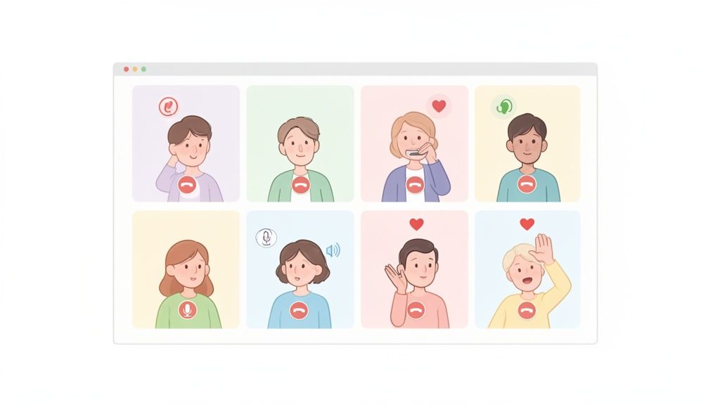 Eight diverse cartoon people engaged in a grid-style online video conference with various status icons.