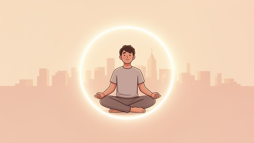 A cartoon man meditates peacefully in a lotus position, surrounded by a glowing circle, with a city skyline in the background.