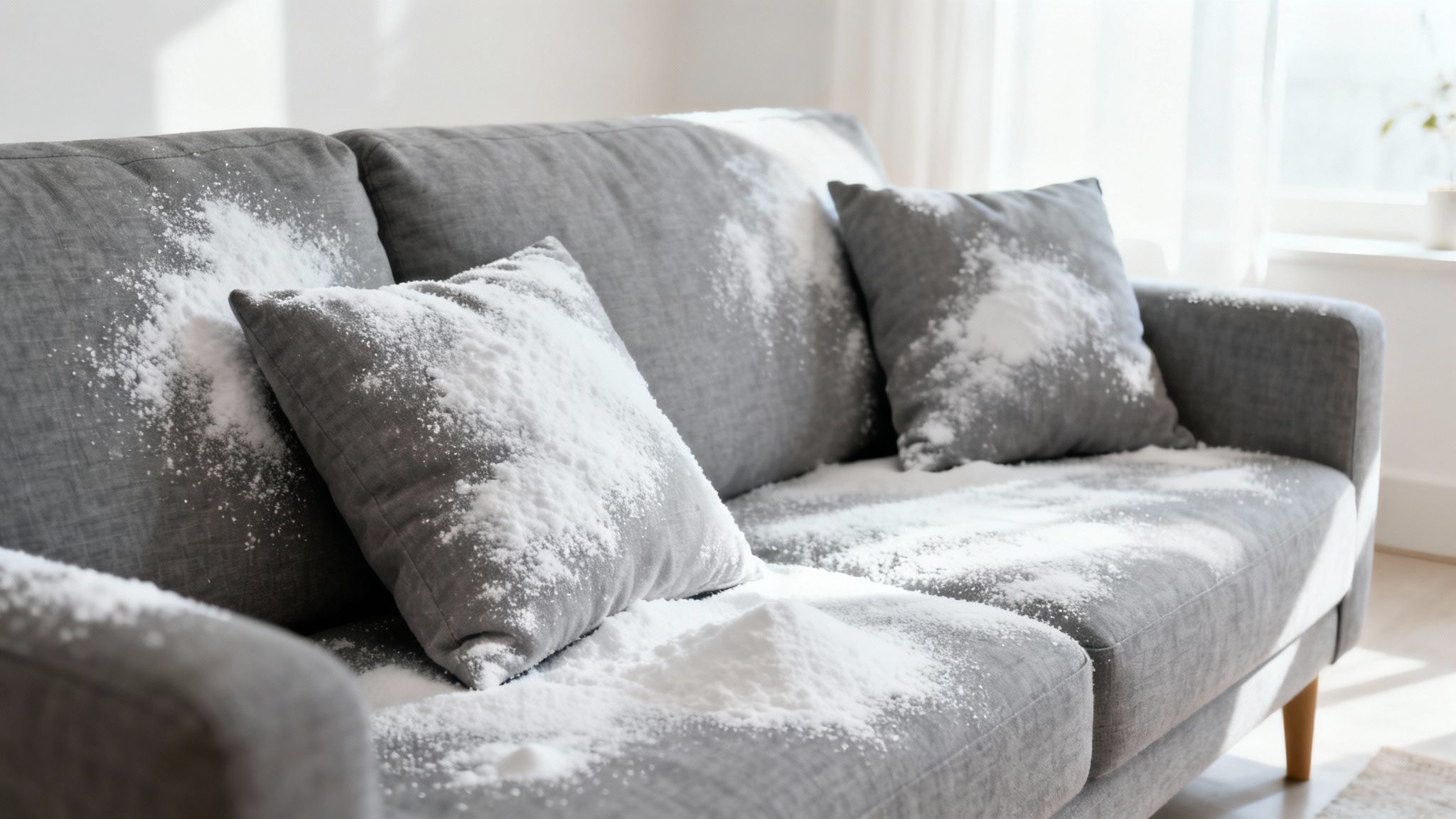A person steam cleaning a light-coloured armchair to remove odours.