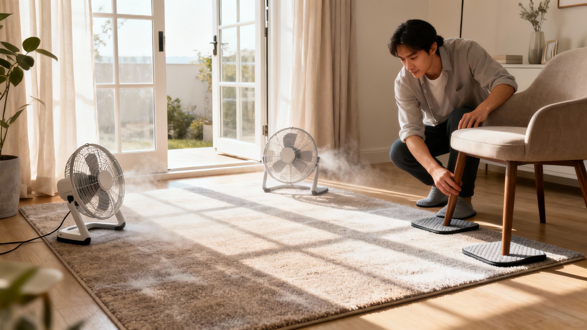 Young man setting up fans to dry a recently cleaned light-colored area rug in a bright home.
