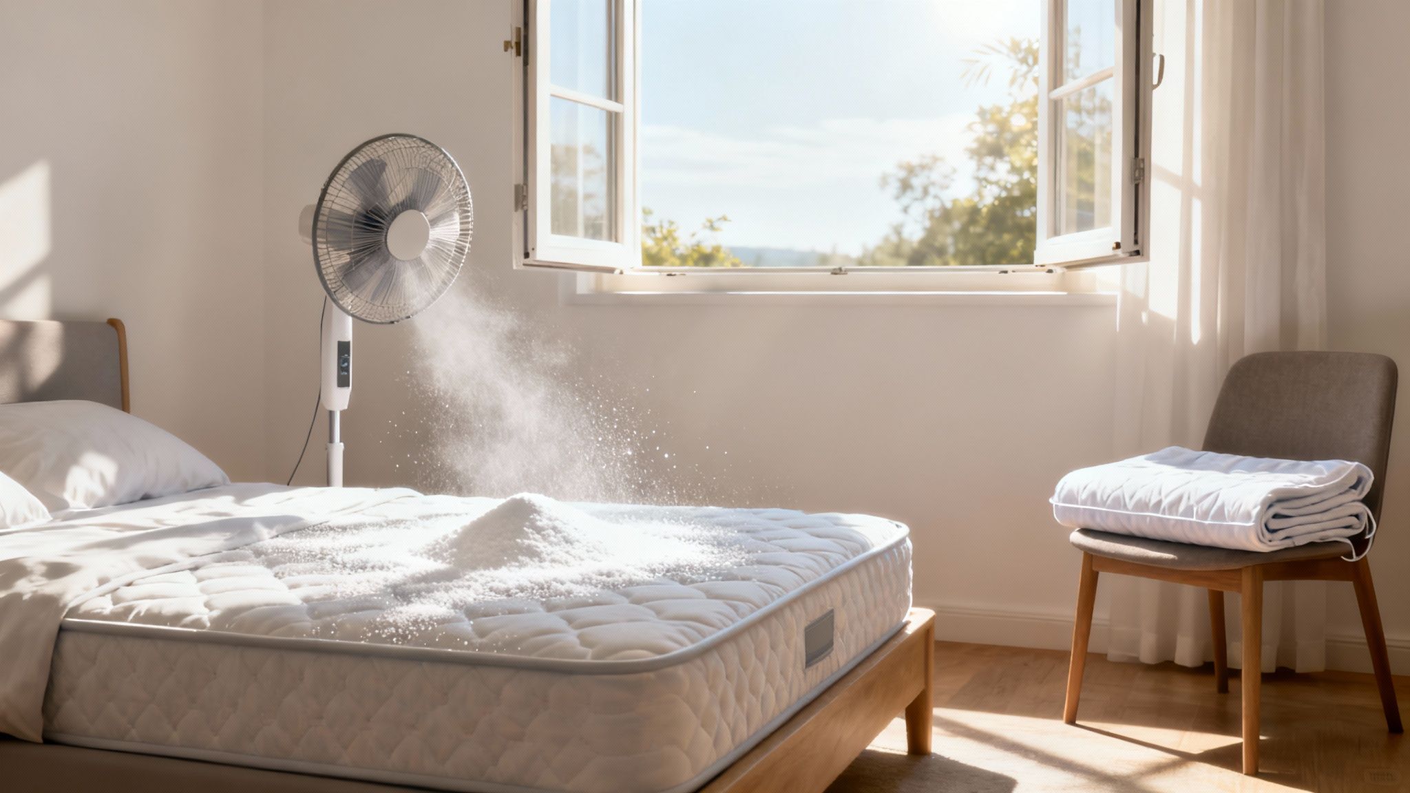 Person opening curtains to let sunlight onto a mattress