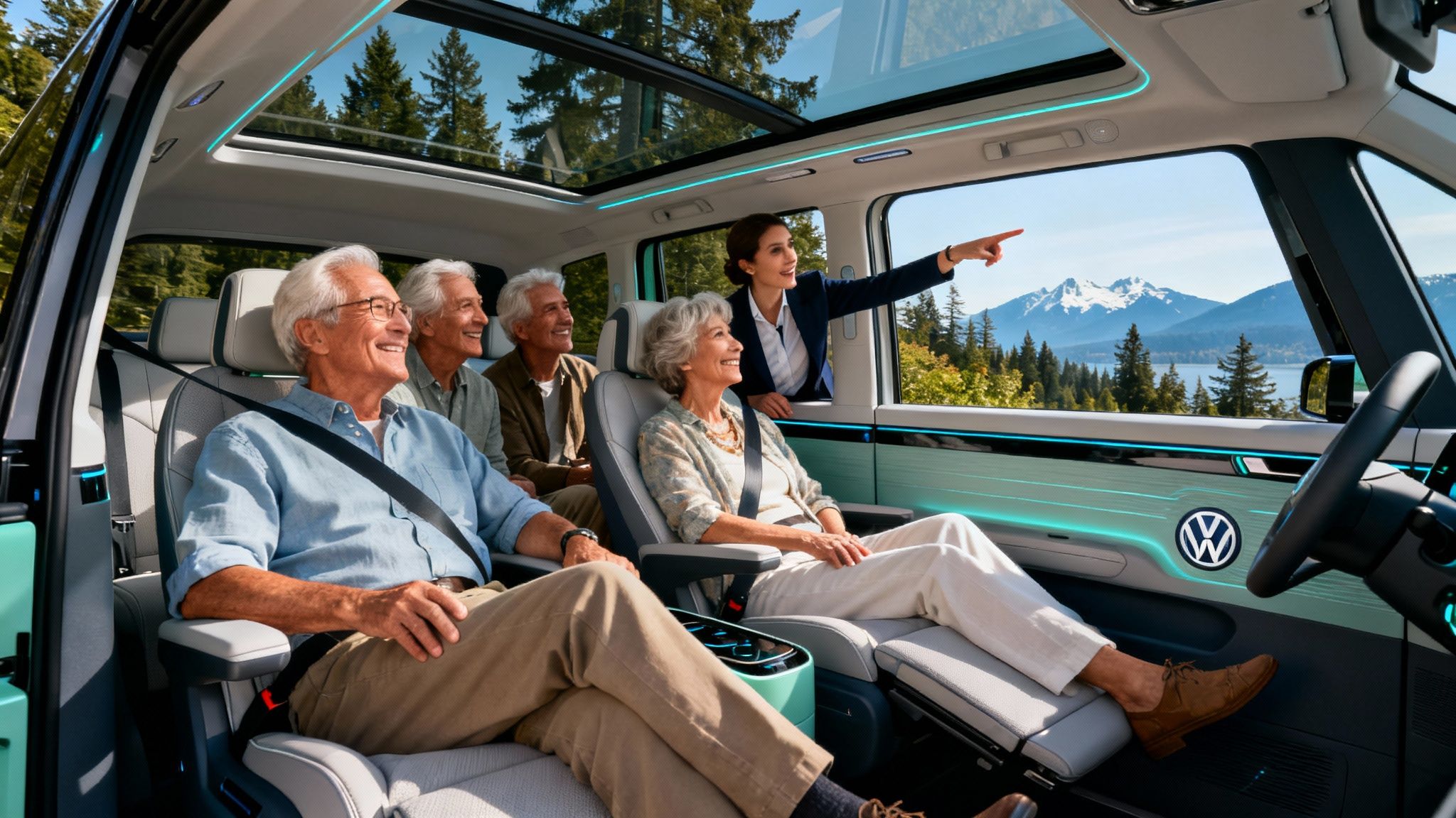 Happy seniors on a car tour, viewing mountains and a lake through large windows.