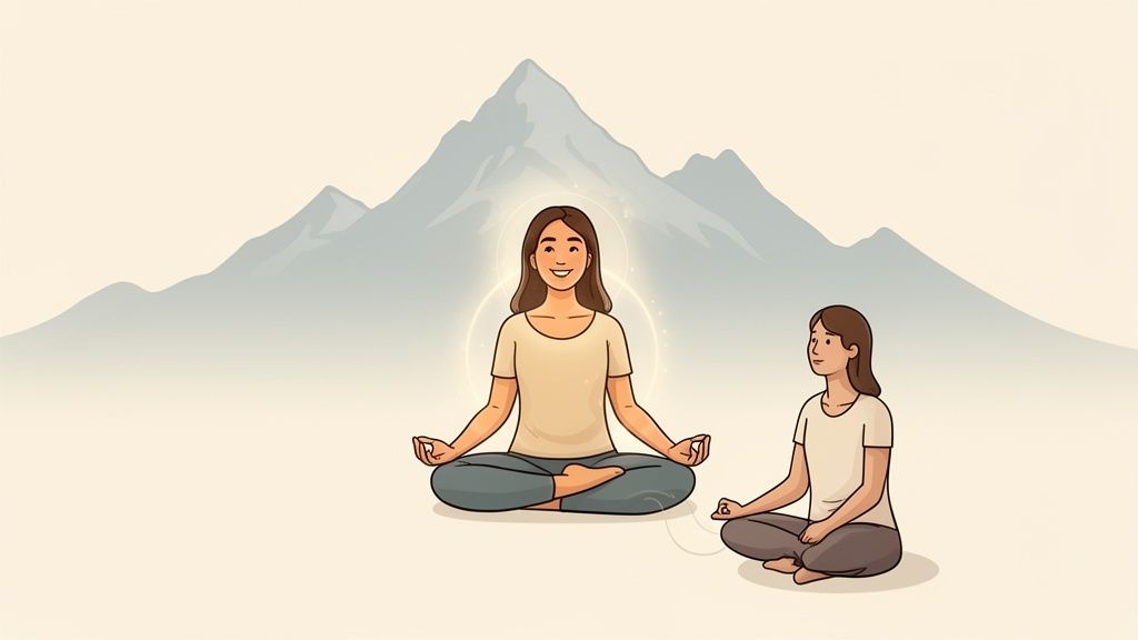 Two women meditate serenely amidst mountains, one radiating light, suggesting spiritual awakening.