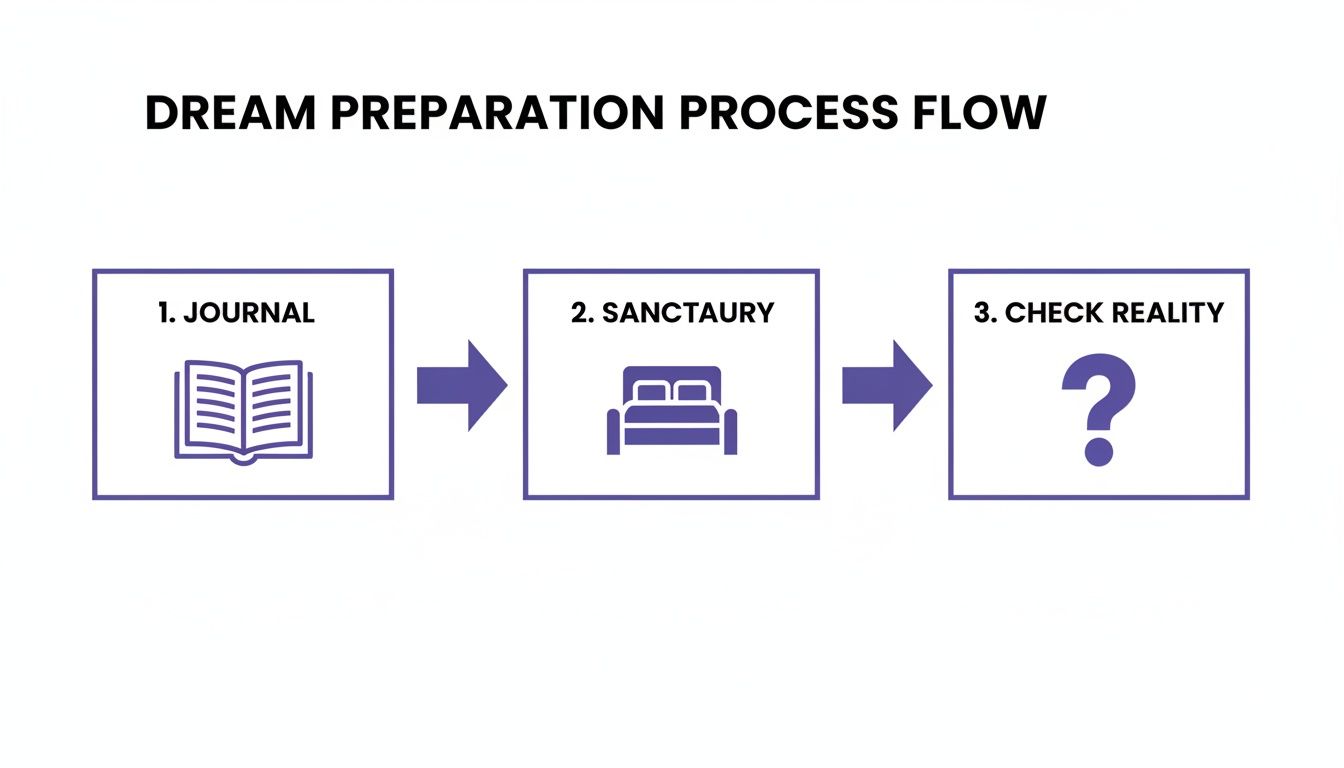 Flowchart showing the dream preparation process: 1. Journal, 2. Sanctuary, 3. Check Reality.