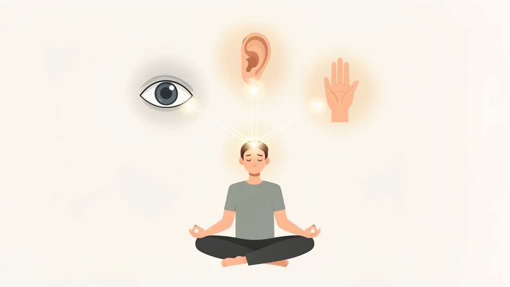 Person meditating, connecting to sight, hearing, and touch, illustrating sensory awareness.