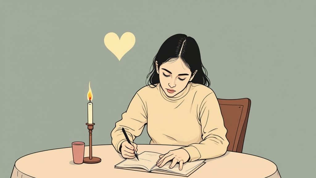 A woman peacefully journaling with a cup of tea, symbolizing mindful preparation.