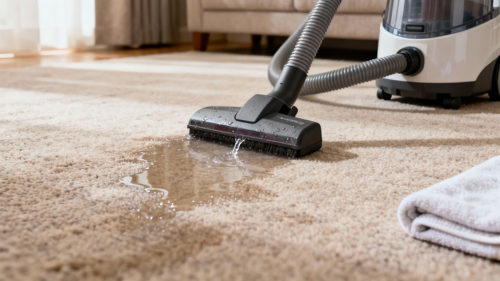 A wet-dry vacuum being used to extract water from a light-coloured carpet.