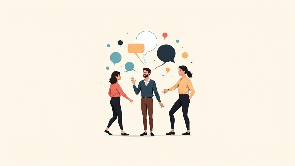 A group of diverse professionals having an engaging, natural conversation at a modern, comfortable networking event.
