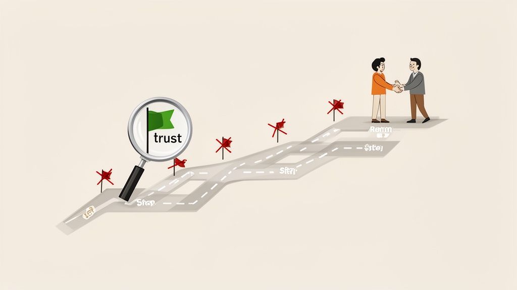 Roadmap to success, showing a winding path with obstacles and 'trust' as the guiding principle towards a handshake.
