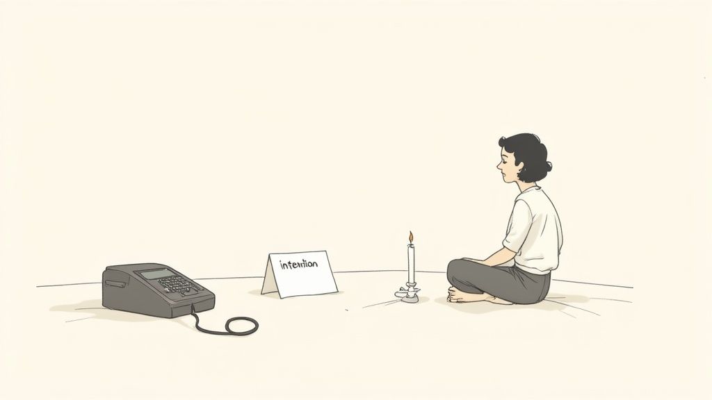 A person meditating in front of a lit candle, a sign reading 'intention,' and an old cash register.