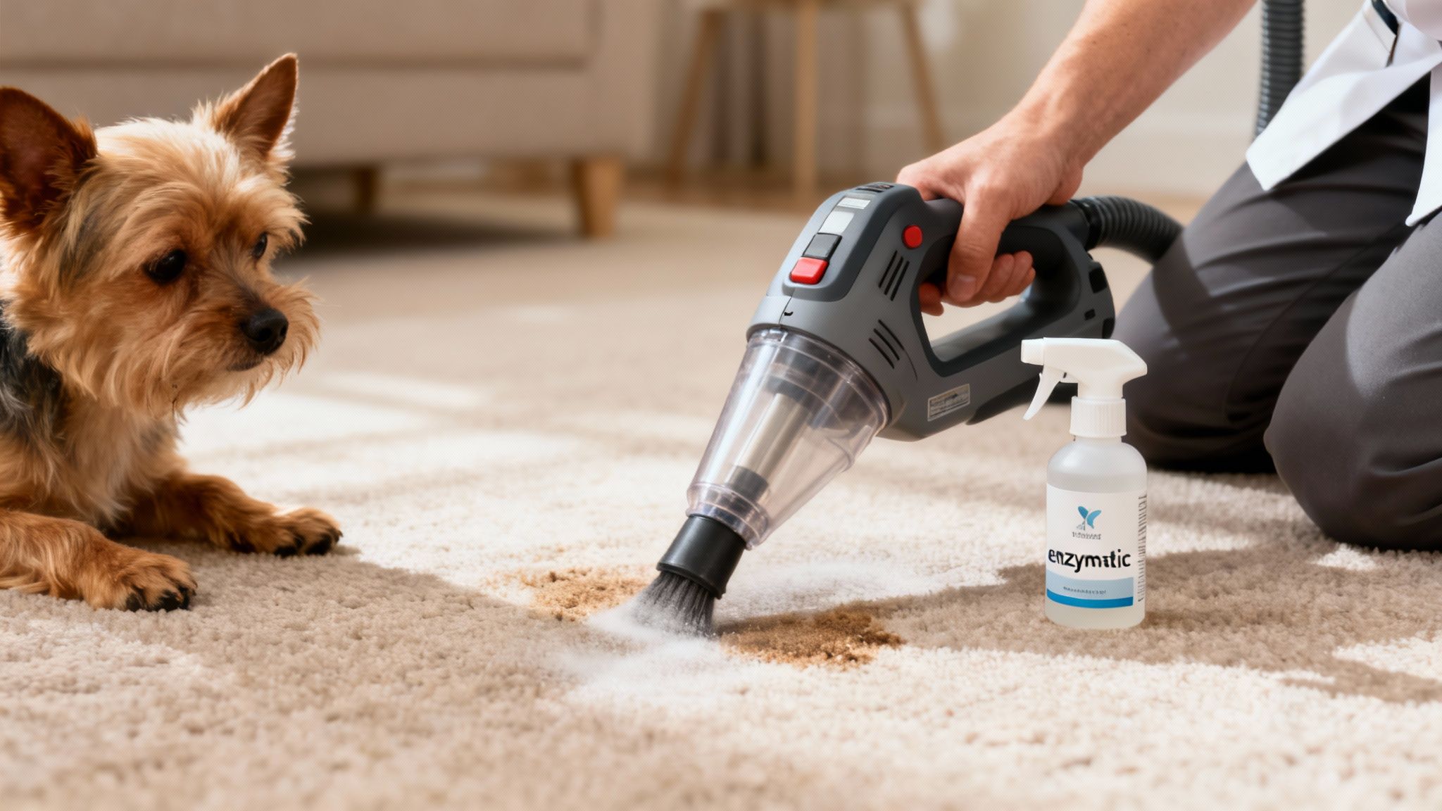 A cute Yorkshire Terrier watches a person vacuuming a carpet stain with an enzymatic cleaner.