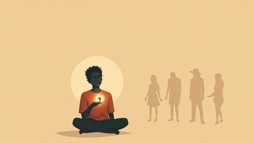 A person meditating outdoors with a serene natural background, representing inner calm and focus.