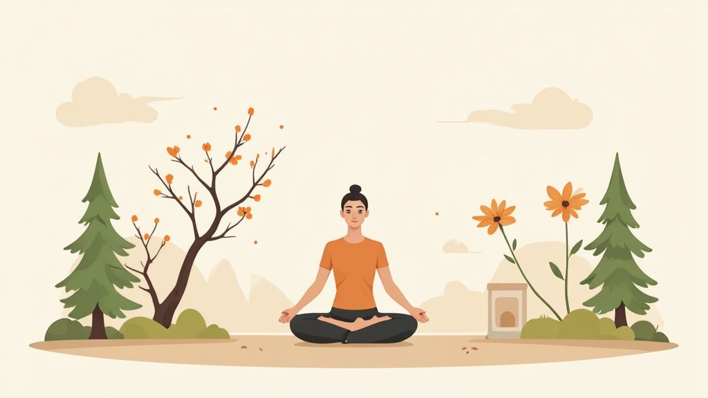 An illustration of a person meditating in a lotus pose outdoors amidst trees and flowers.