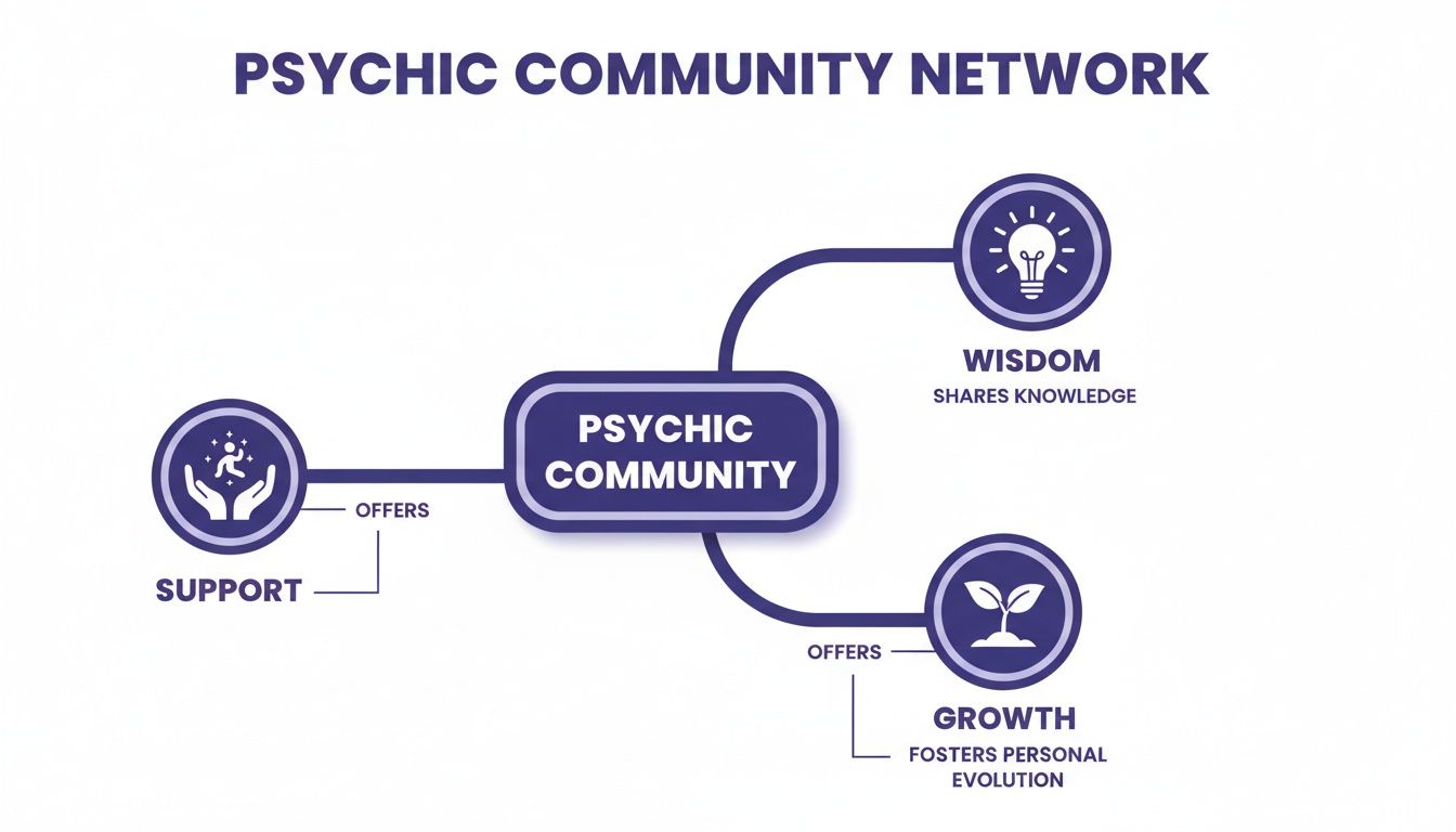 Diagram illustrating the Psychic Community Network, offering support, wisdom through shared knowledge, and fostering personal growth.