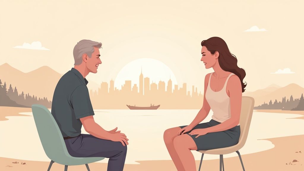 Illustration of a man and woman talking in chairs by a lake with a city skyline.