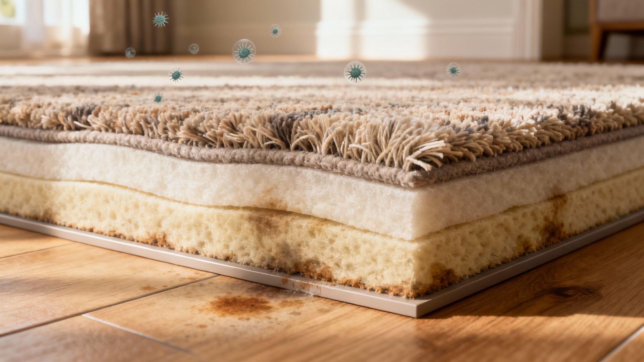 A golden retriever puppy sitting on a clean, light-coloured carpet in a well-lit living room.