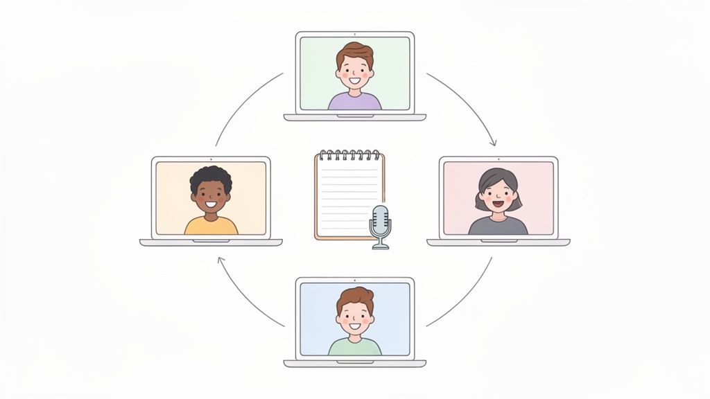 Illustration of an online meeting with four participants, a notebook, and a microphone for collaboration.