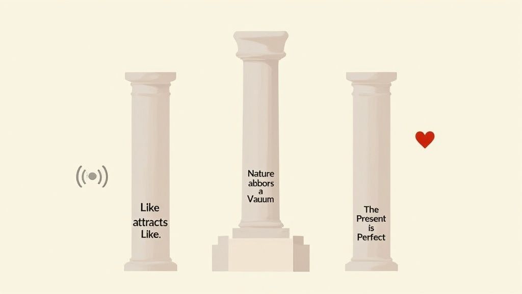 A serene image showing three stacked stones, perfectly balanced, representing the three principles of manifestation.