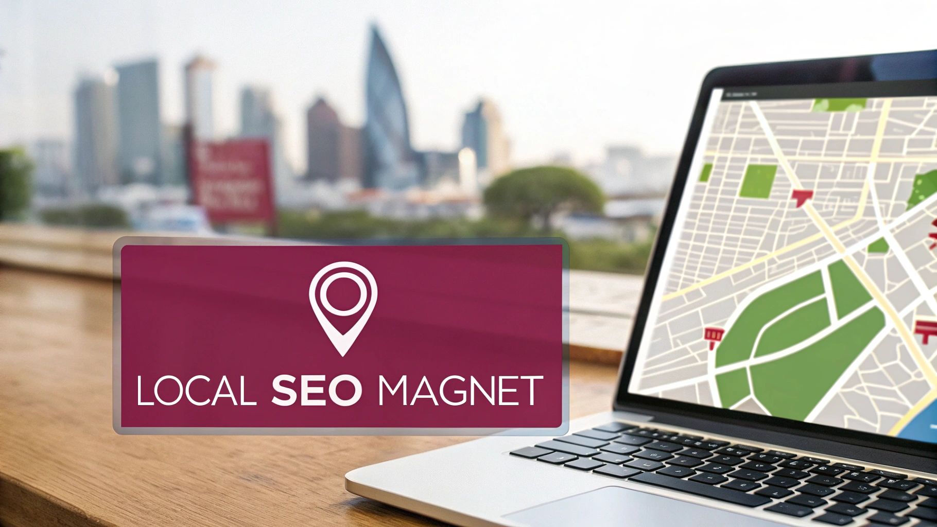 A laptop displaying a map next to a 'LOCAL SEO MAGNET' sign, with a blurred city skyline.