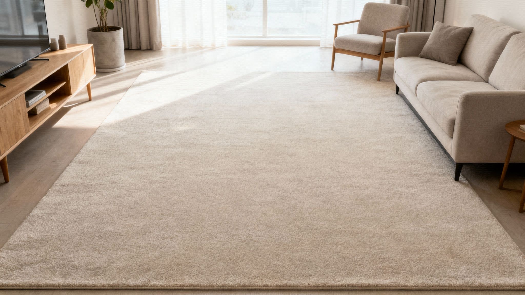 A person vacuuming a light-coloured carpet in a living room, preparing for professional cleaners.