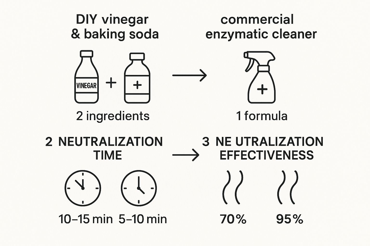 Infographic comparing DIY and commercial pet stain cleaners on ingredients, time, and effectiveness.