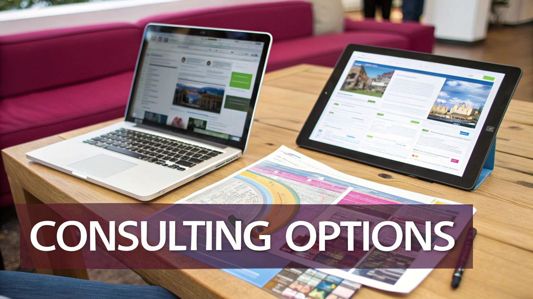 A modern workspace with a laptop, tablet, and documents on a wooden table, offering consulting options.