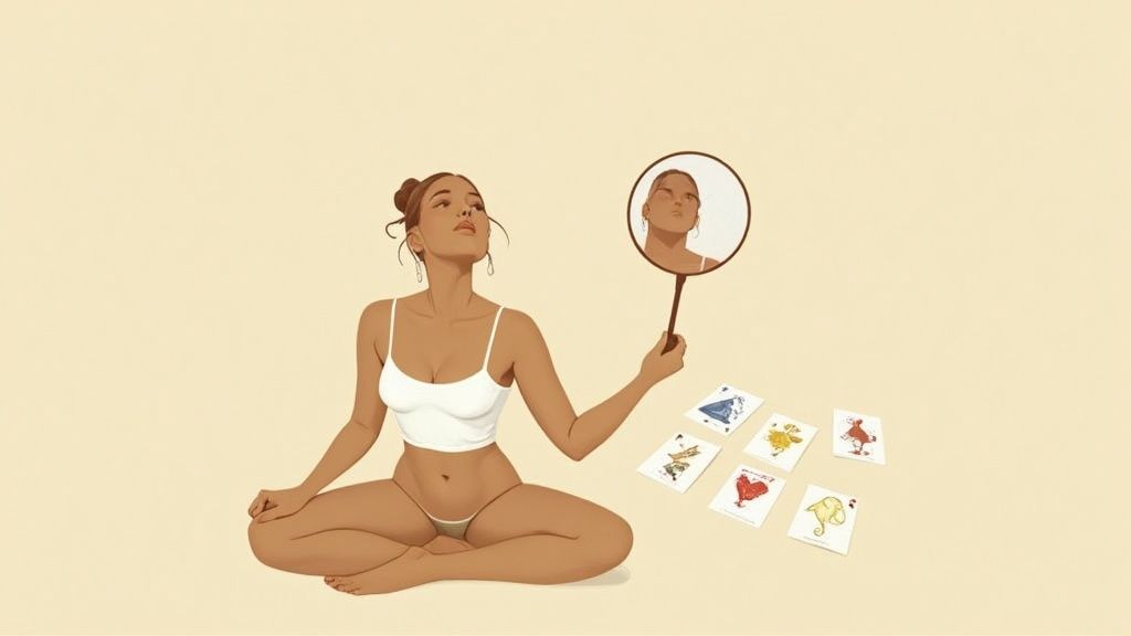 A beautifully arranged tarot deck with candles and crystals, creating a mystical atmosphere.