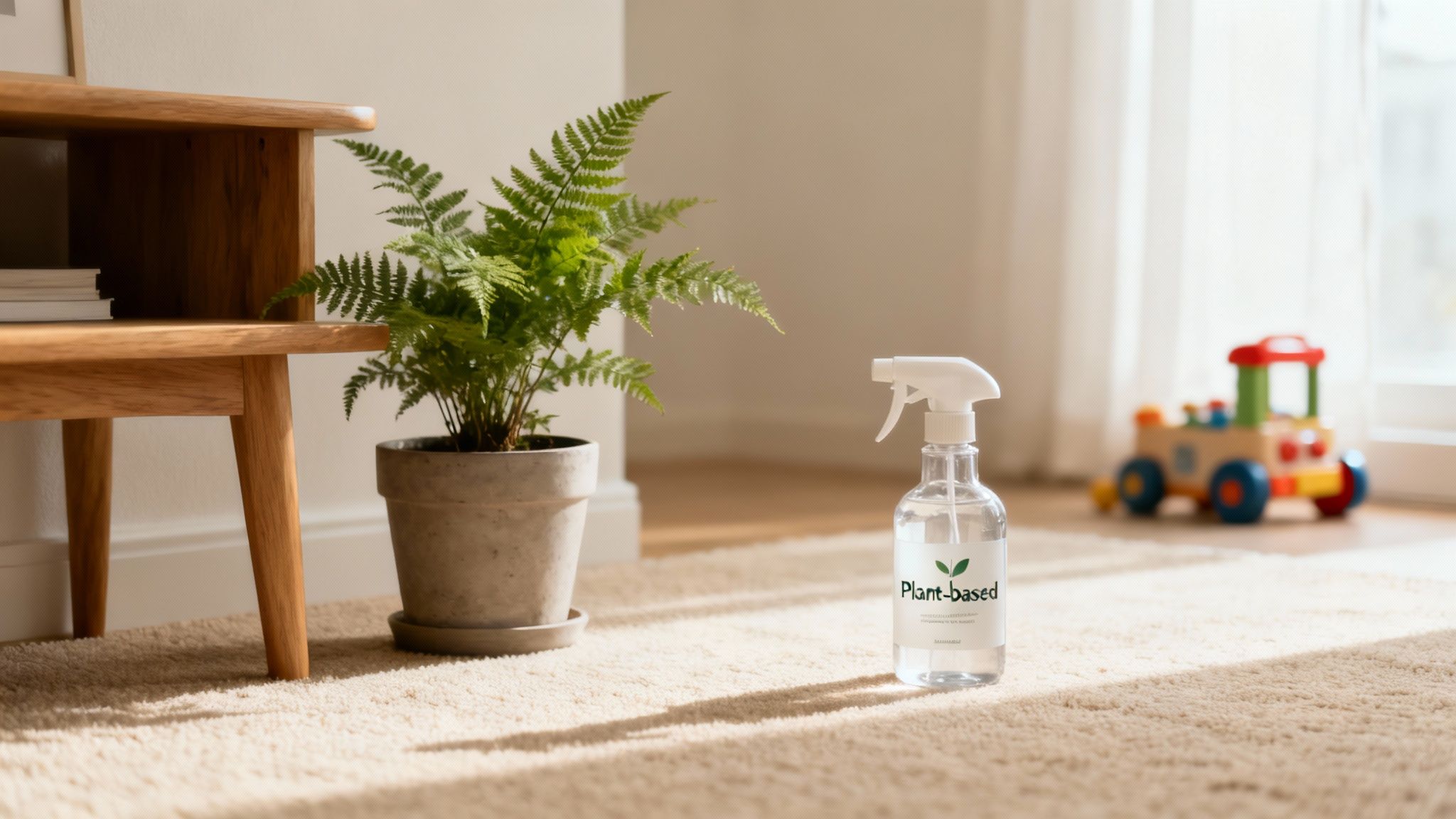 A person using a green carpet cleaner on a light-coloured carpet in a well-lit living room.
