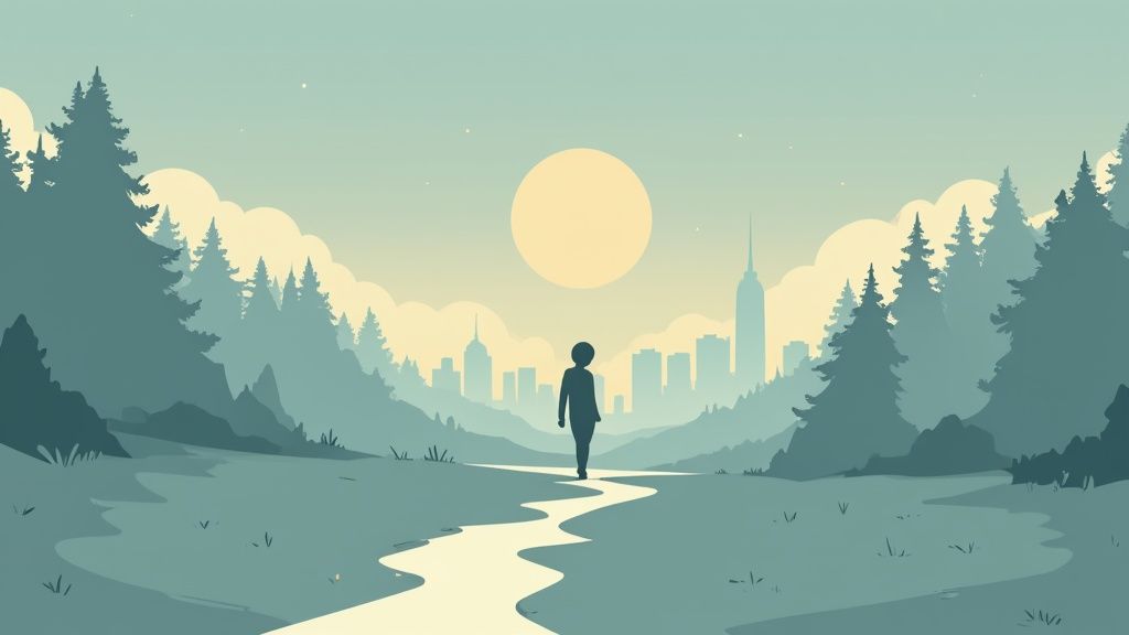 A minimalist illustration shows a person walking on a winding path towards a city skyline under a large sun.