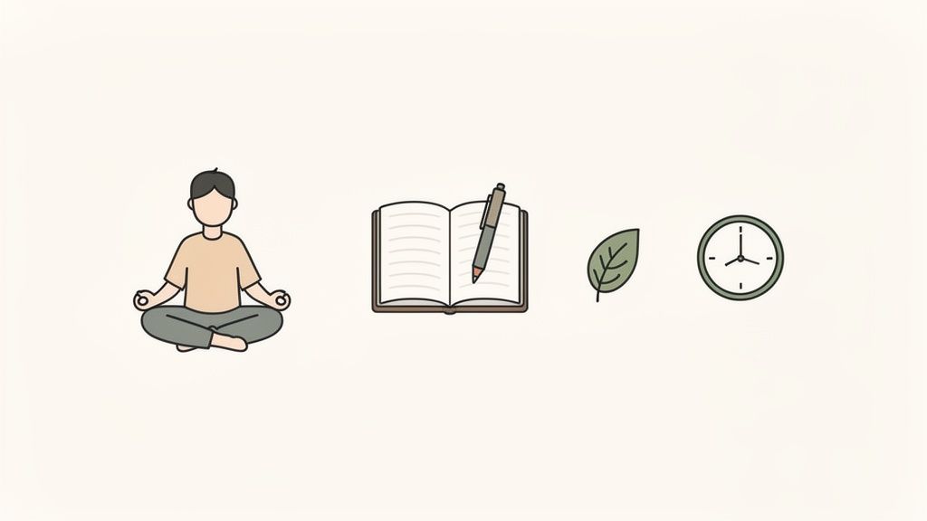 Minimalist illustration of meditation, journaling, nature, and time for spiritual well-being.