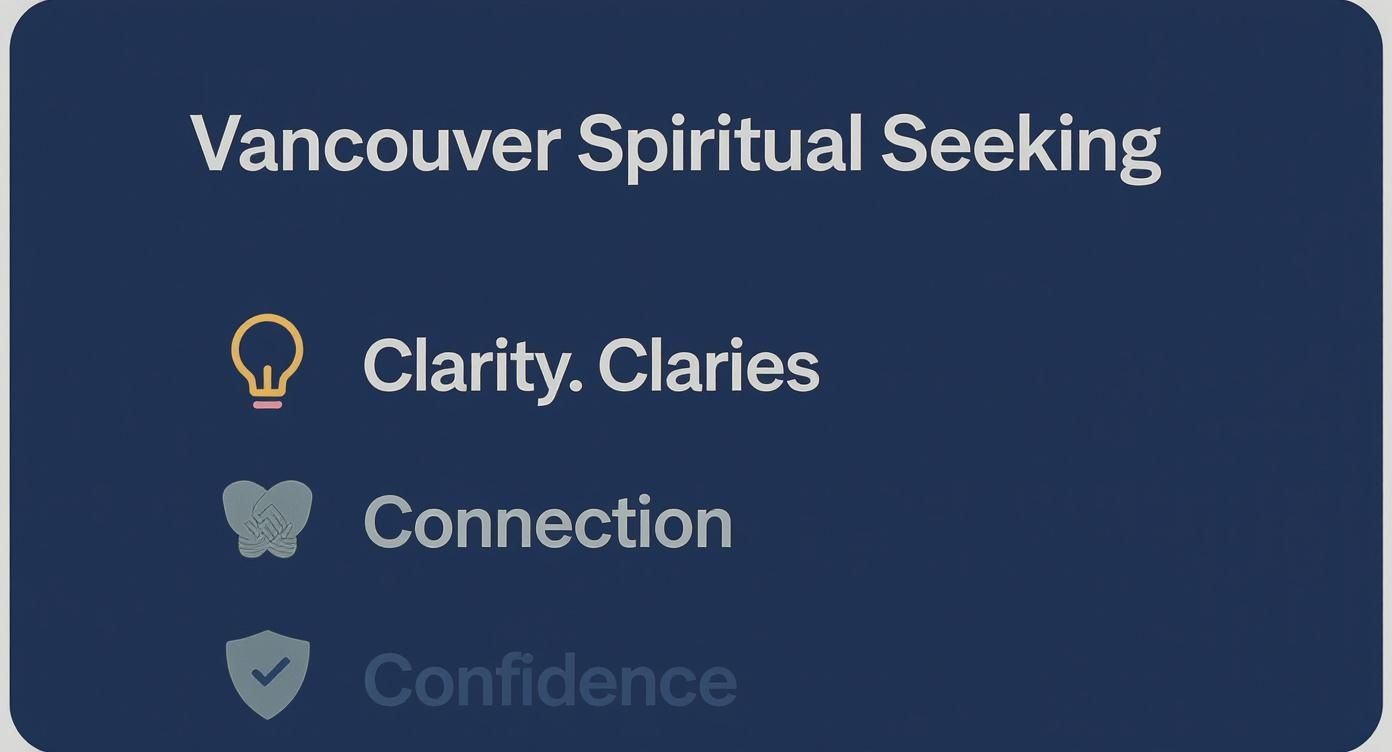Vancouver spiritual seeking services featuring clarity, connection, and confidence with illustrative icons on dark background