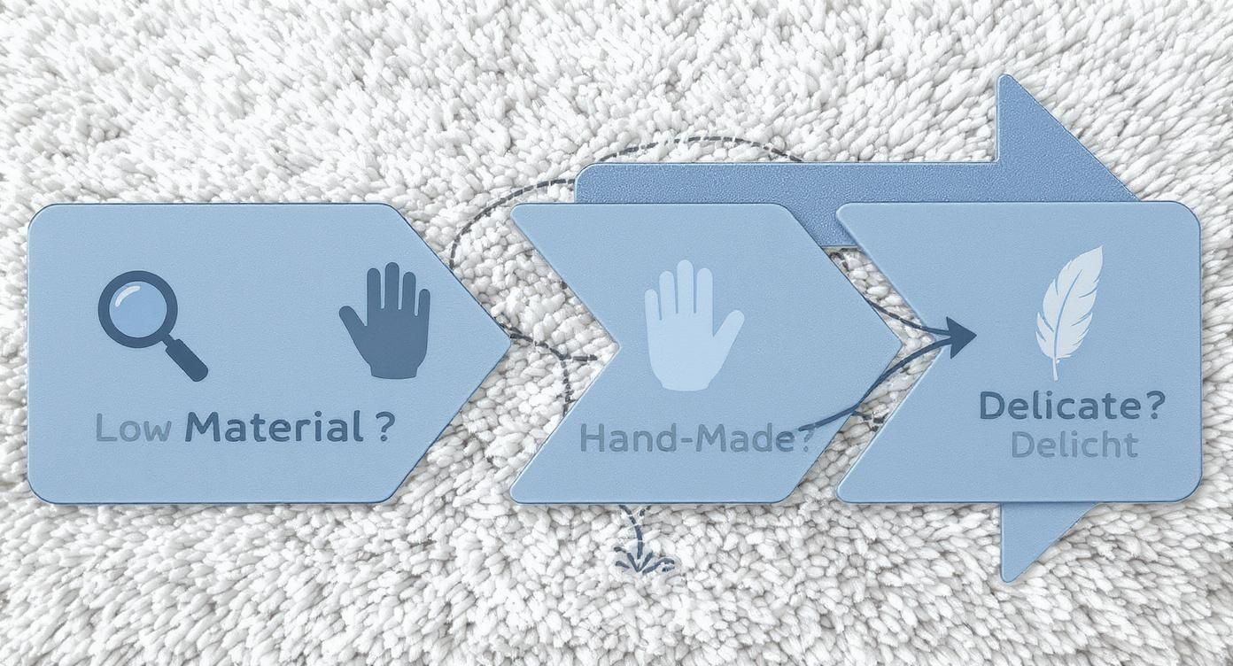 Three blue arrow-shaped cards showing rug cleaning care guidelines for low material, hand-made, and delicate rugs