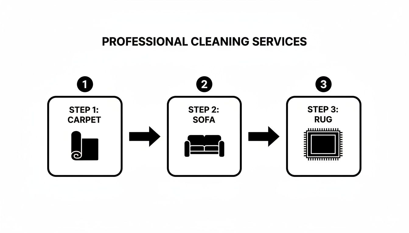 Flowchart outlining three steps of professional cleaning services for carpet, sofa, and rug.