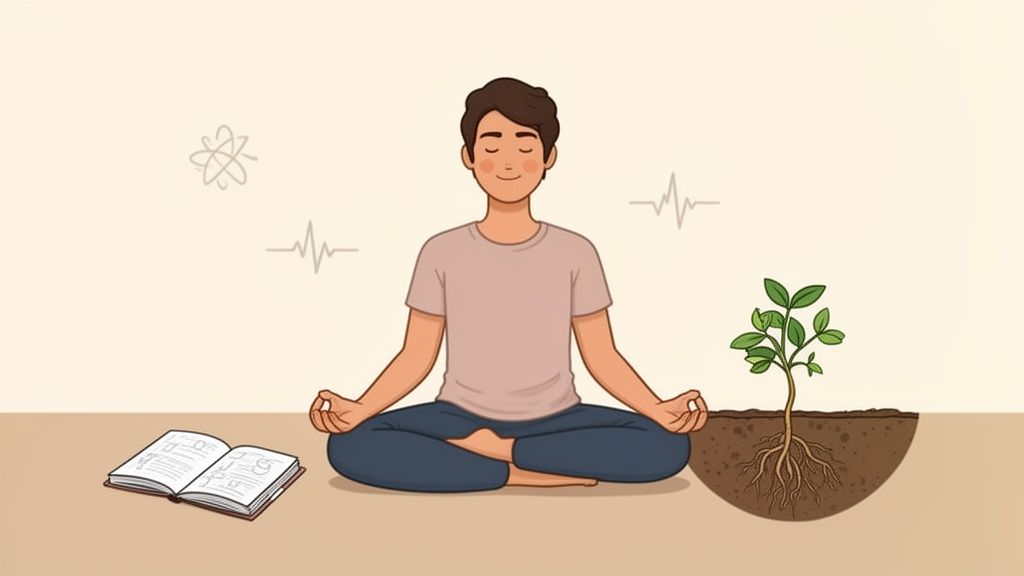 A person in meditation pose with science symbols, an open book, and a growing plant.