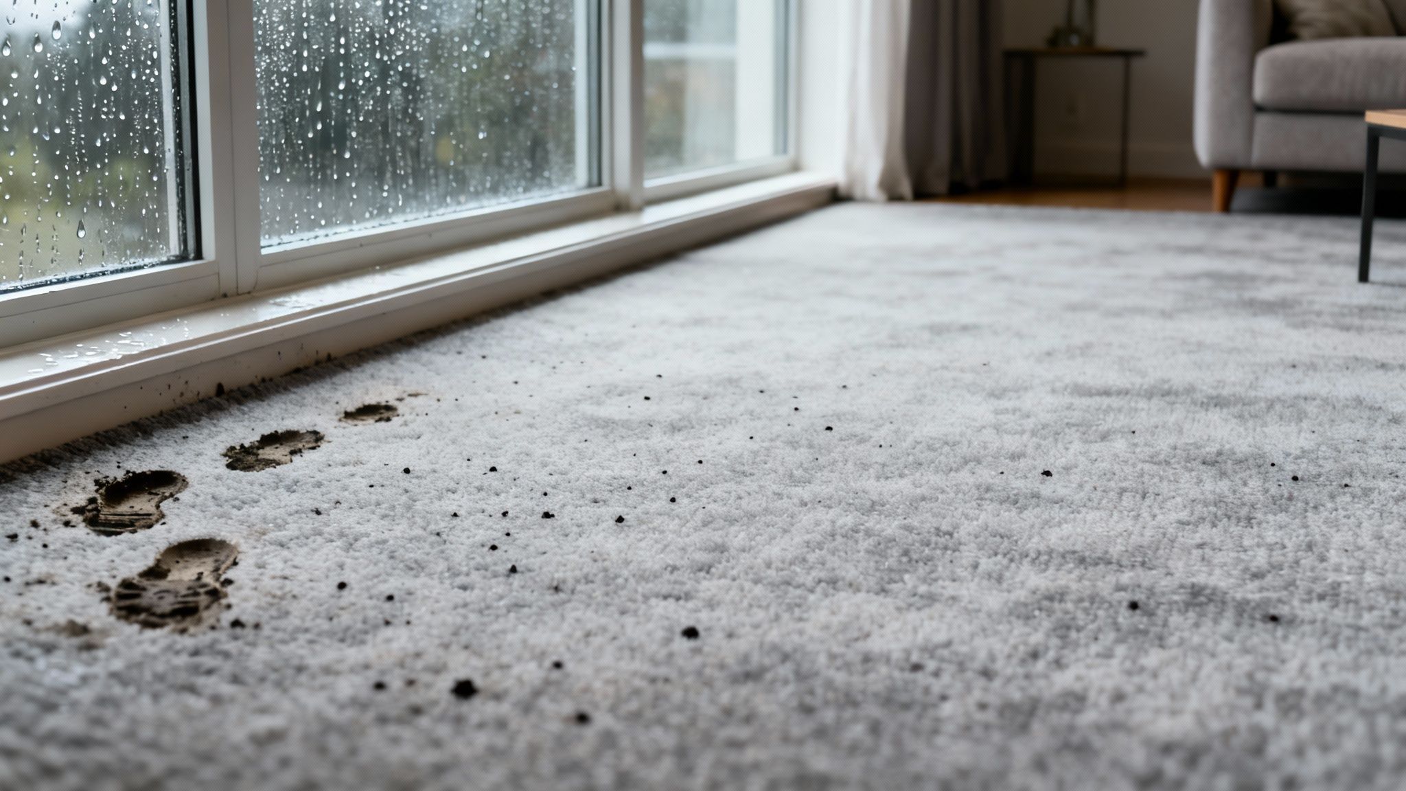A professional technician using specialized equipment to deep clean a light-coloured carpet in a Vancouver home.