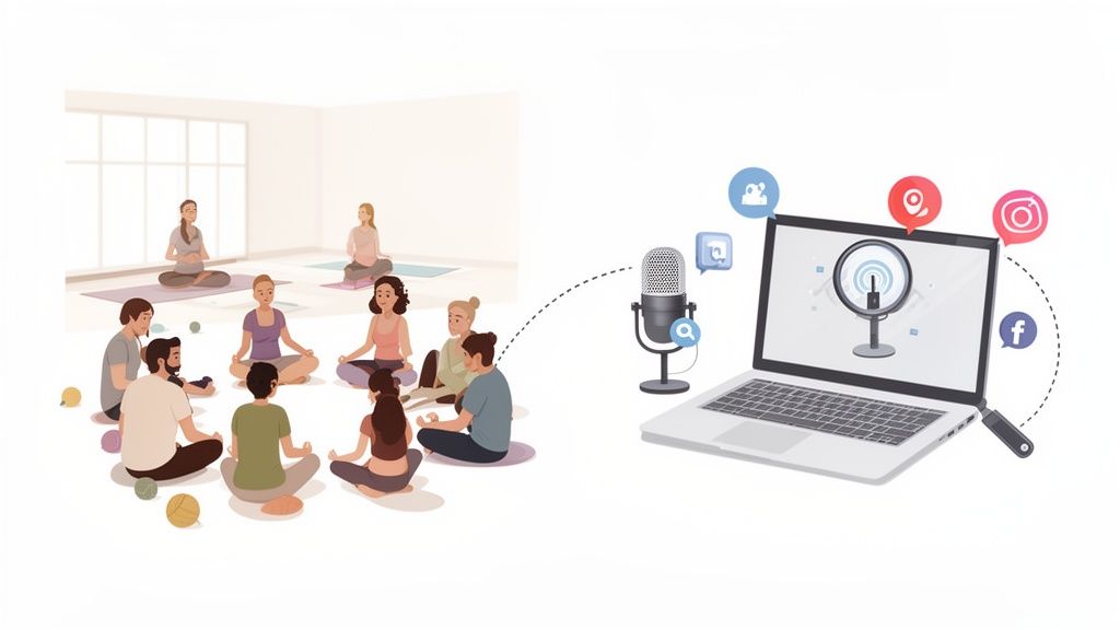 A group meditating and interacting, connected to a laptop with a microphone for online podcasting and social media.