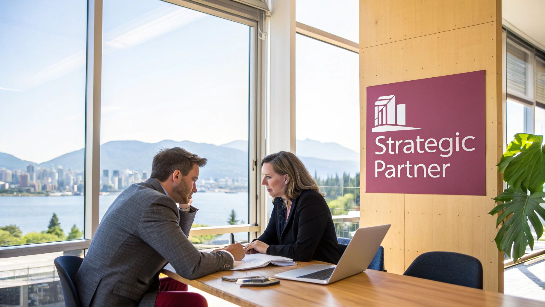 Two business partners consulting at a desk with a laptop, overlooking a scenic city and mountain view.