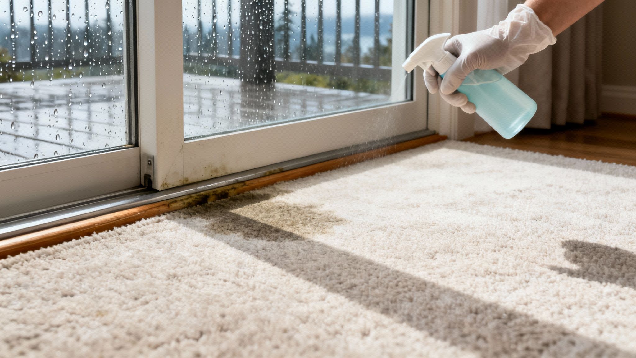 A gloved hand sprays cleaner on a stained carpet next to a dirty sliding glass door with water droplets.