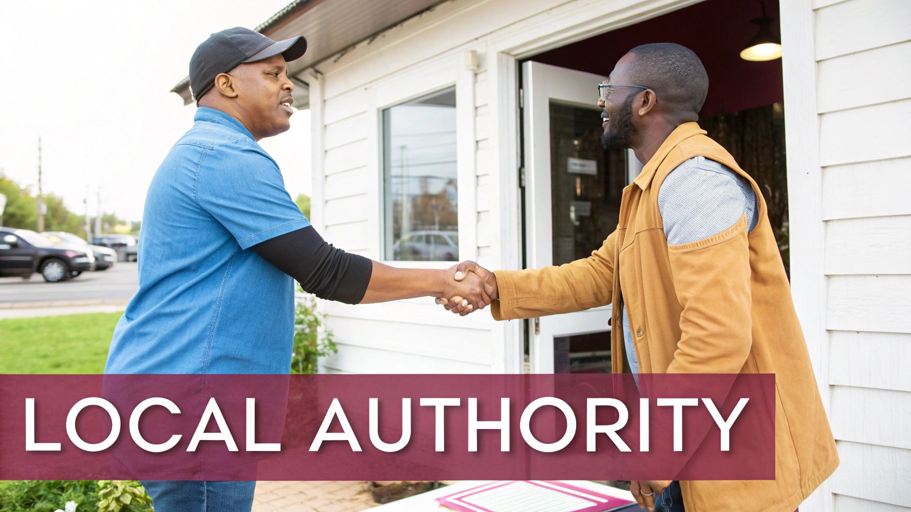 Two professionals shaking hands outside business building demonstrating local authority and community partnership