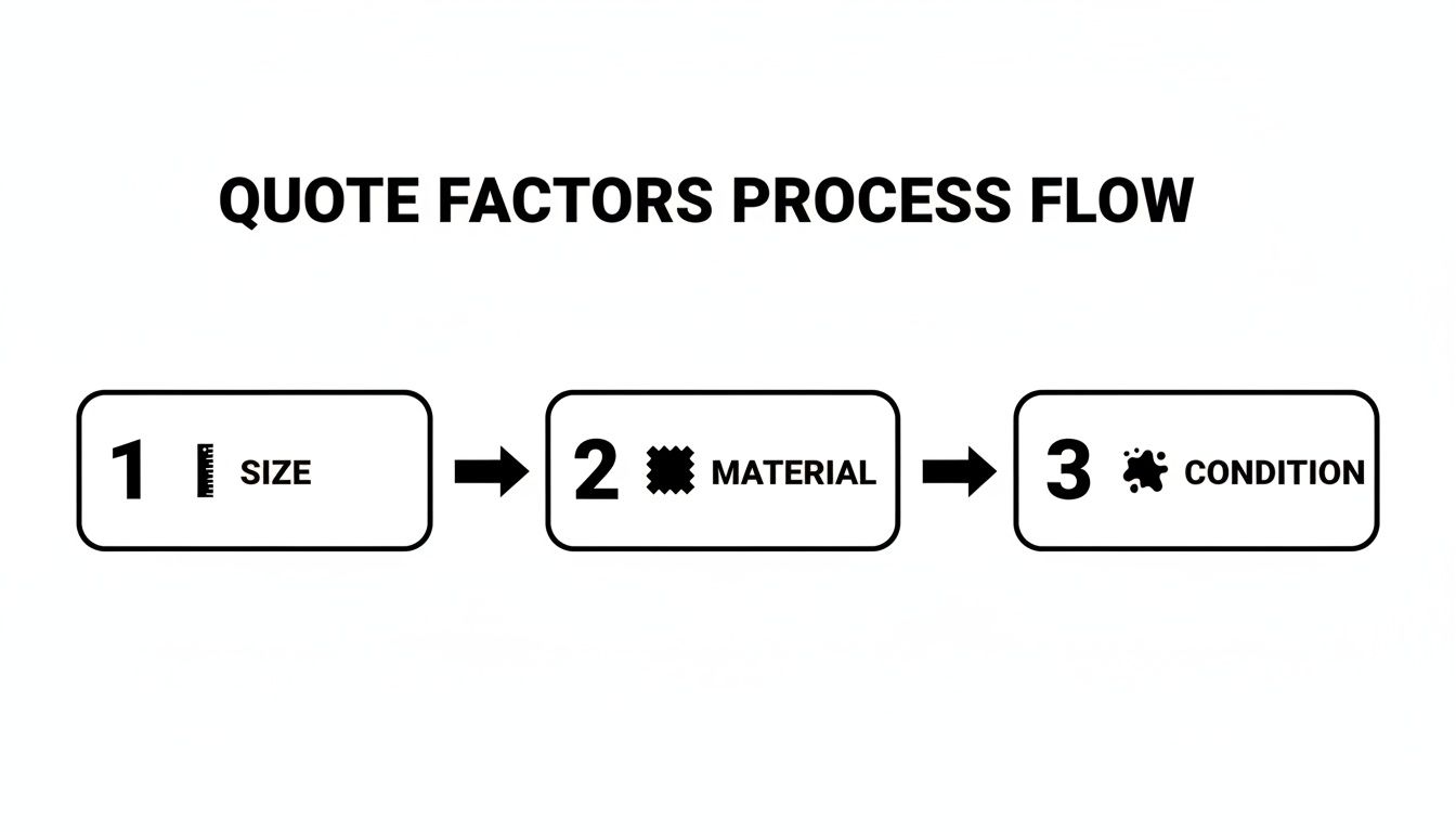 A process flow diagram illustrating three key quote factors: size, material, and condition, with icons.