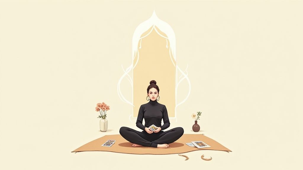 A person shuffling a deck of tarot cards on a wooden table with crystals nearby.