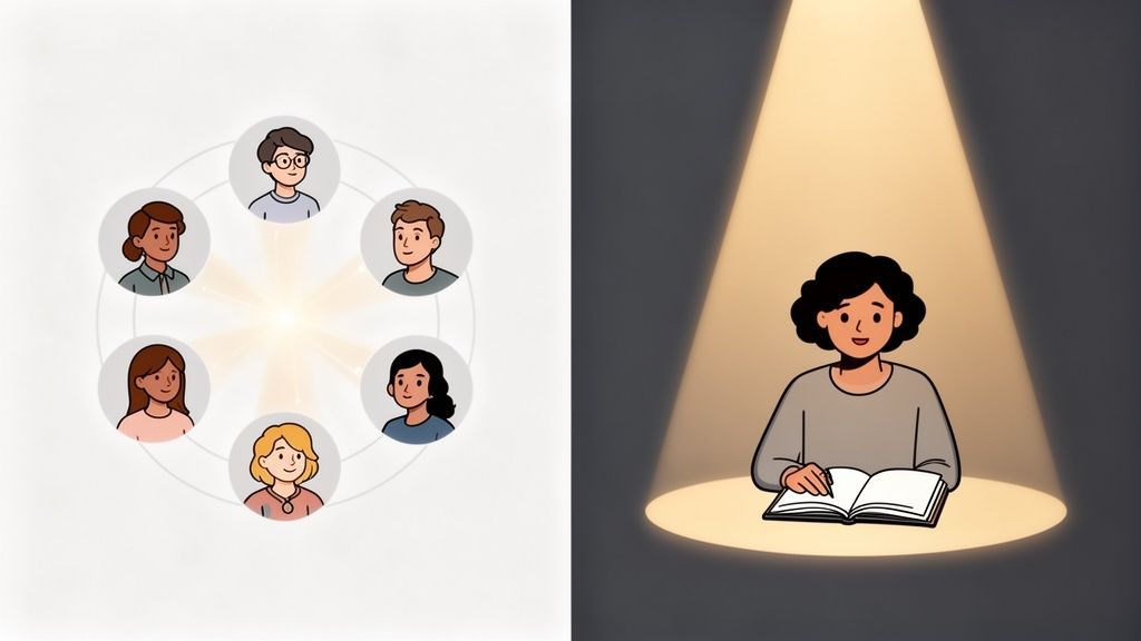 A split image depicts a diverse group of people connected in a circle and a woman studying in a spotlight.