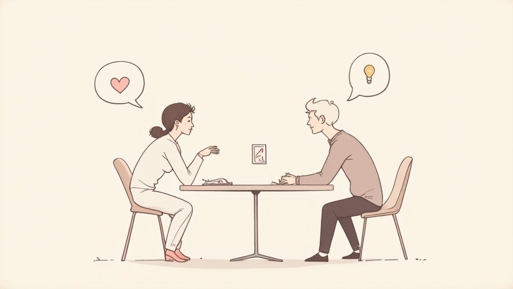 Two people sitting at table having conversation with heart and lightbulb speech bubbles above