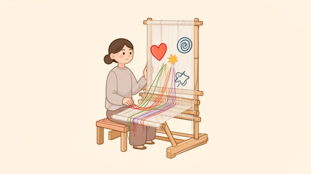 A cartoon woman weaves colorful threads on a loom featuring symbols like a heart and star.