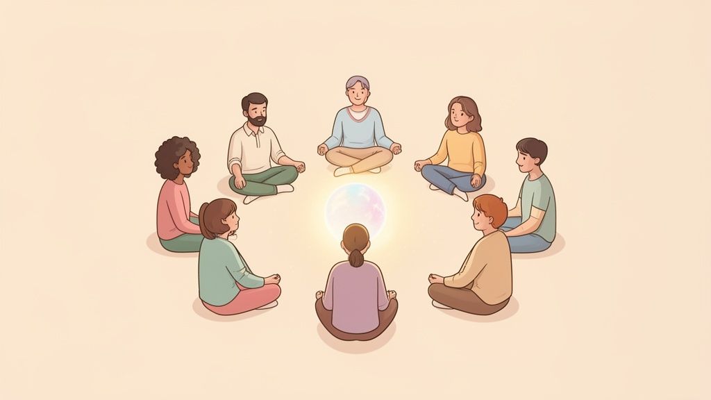 Eight diverse people sit in a meditative circle around a glowing, colorful orb.