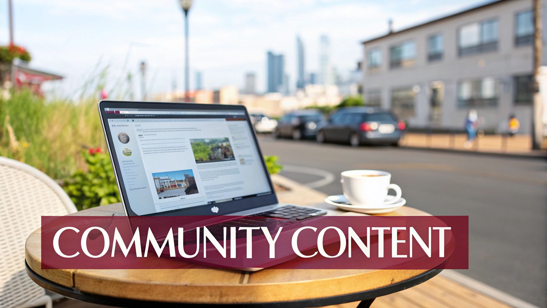 A laptop and coffee cup on a wooden outdoor table, with a blurred city street and buildings in the background.