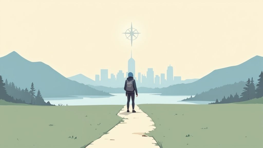 A person with a backpack walks on a path towards a distant city skyline under a compass symbol.