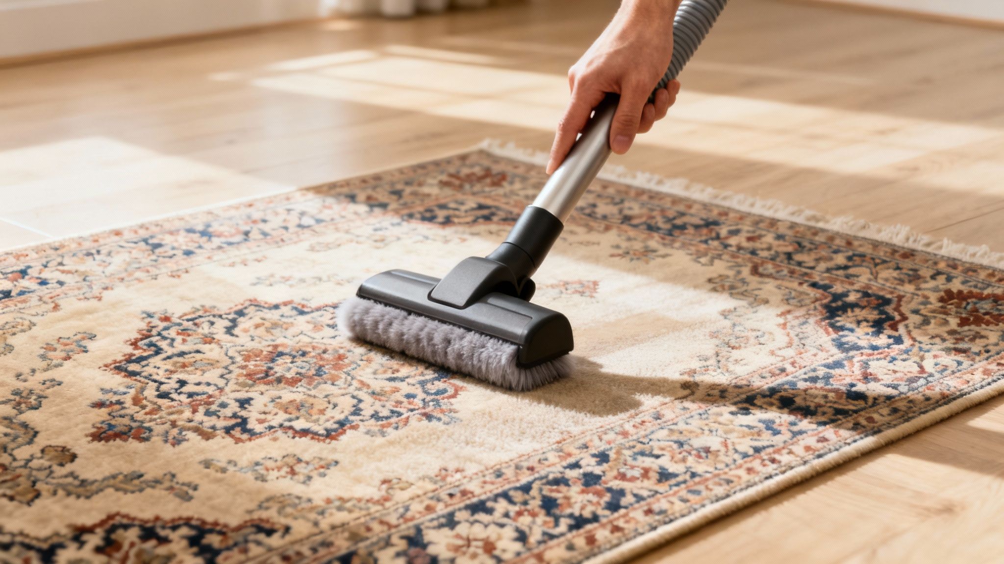 A person carefully vacuuming a large, ornate Persian rug in a well-lit living room.