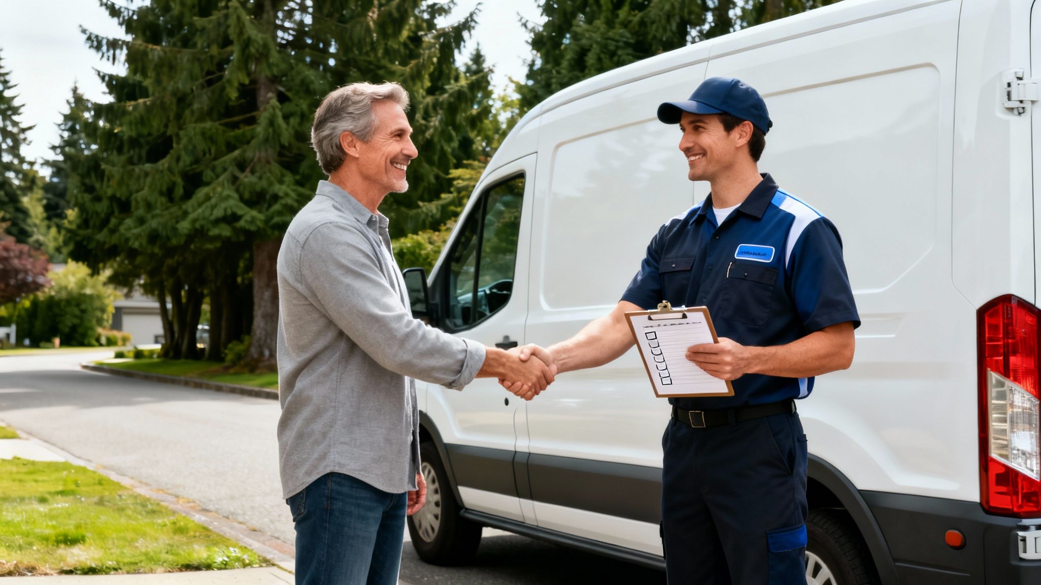 Service technician shakes hands with a customer next to a white van on a residential street.