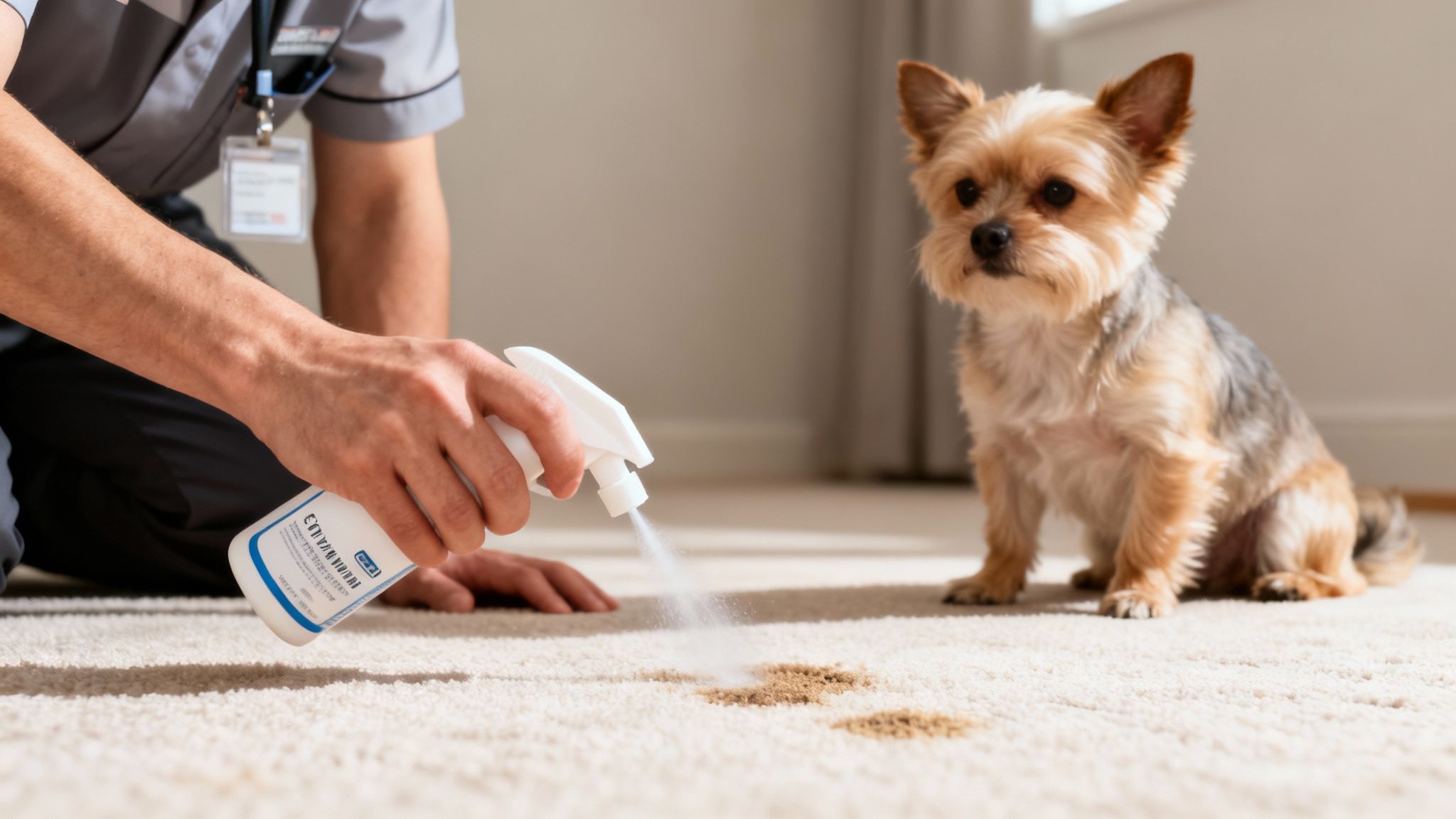 A person in uniform sprays a pet stain on a carpet, while a small dog watches.